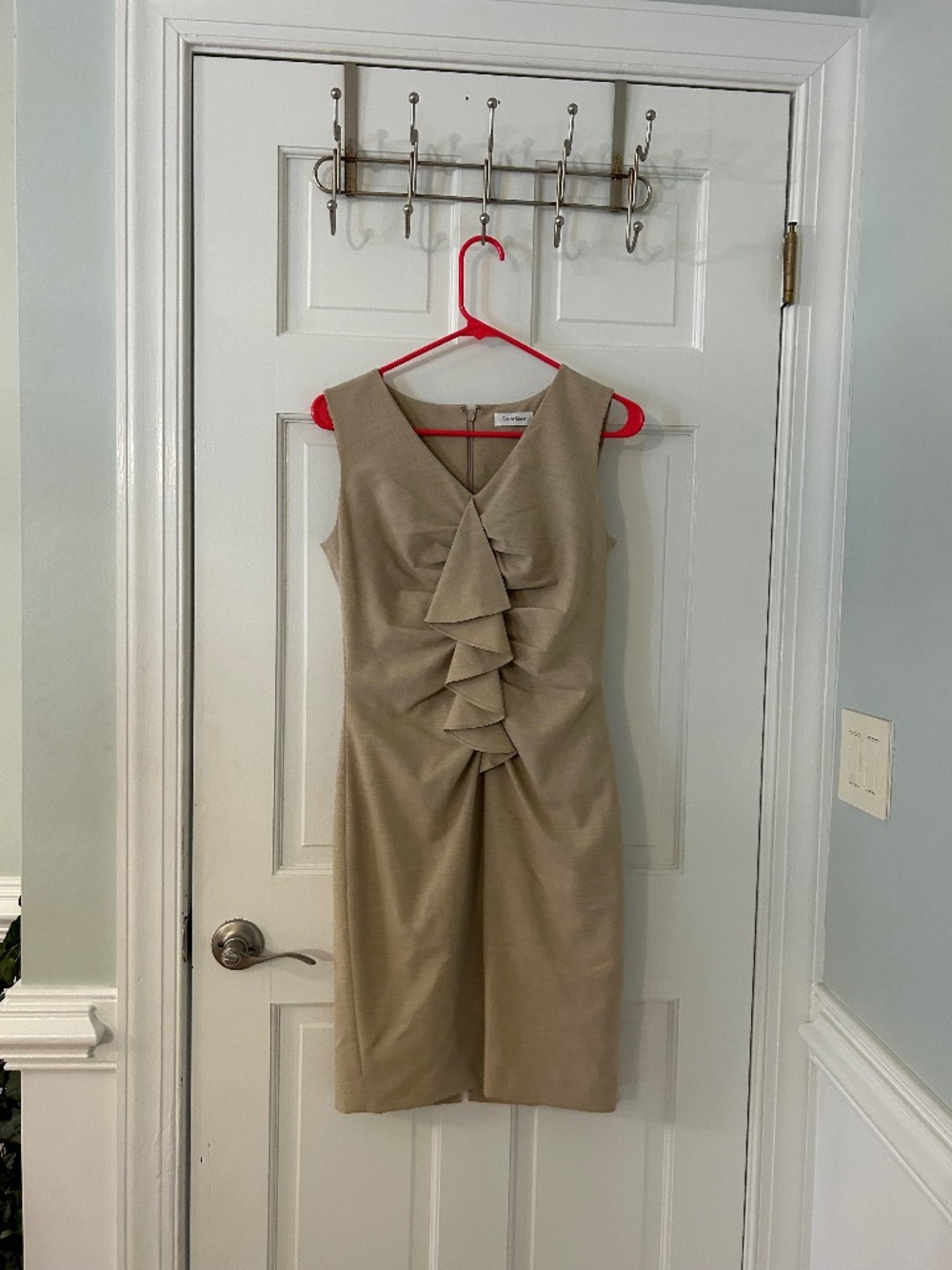 Calvin Klein Beige Taupe Ruffle Front Sleeveless Sheath Dress